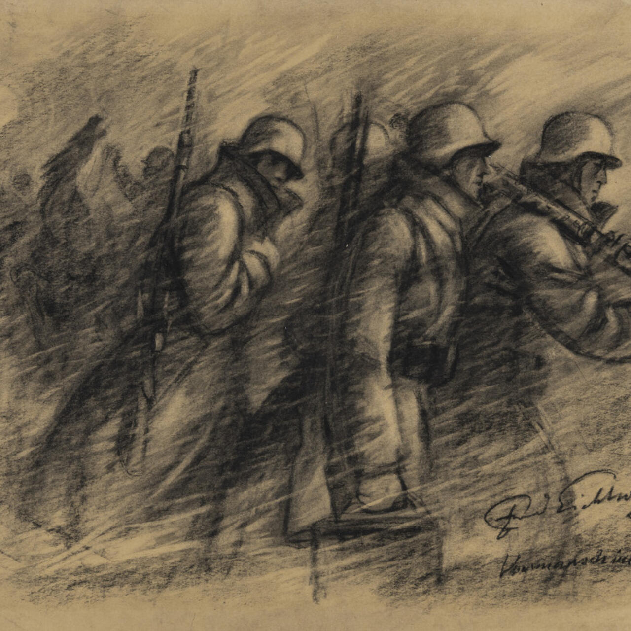 Kohle auf Papier mit der Darstellung von Soldaten